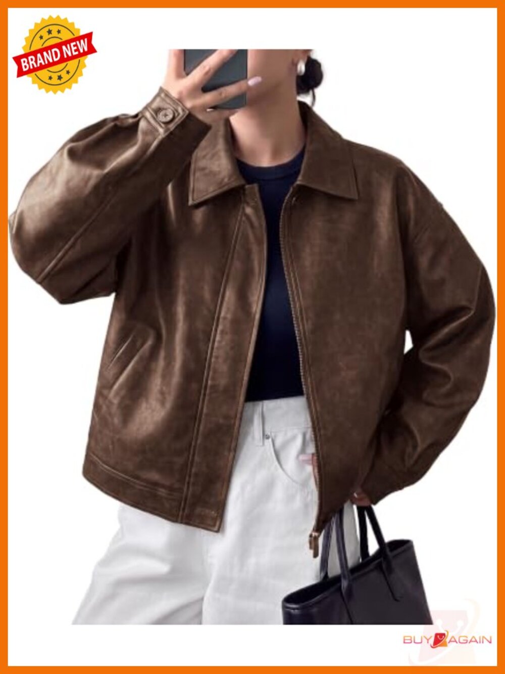 Oversized Faux Leather Motorcycle Jacket Zip Up Collared